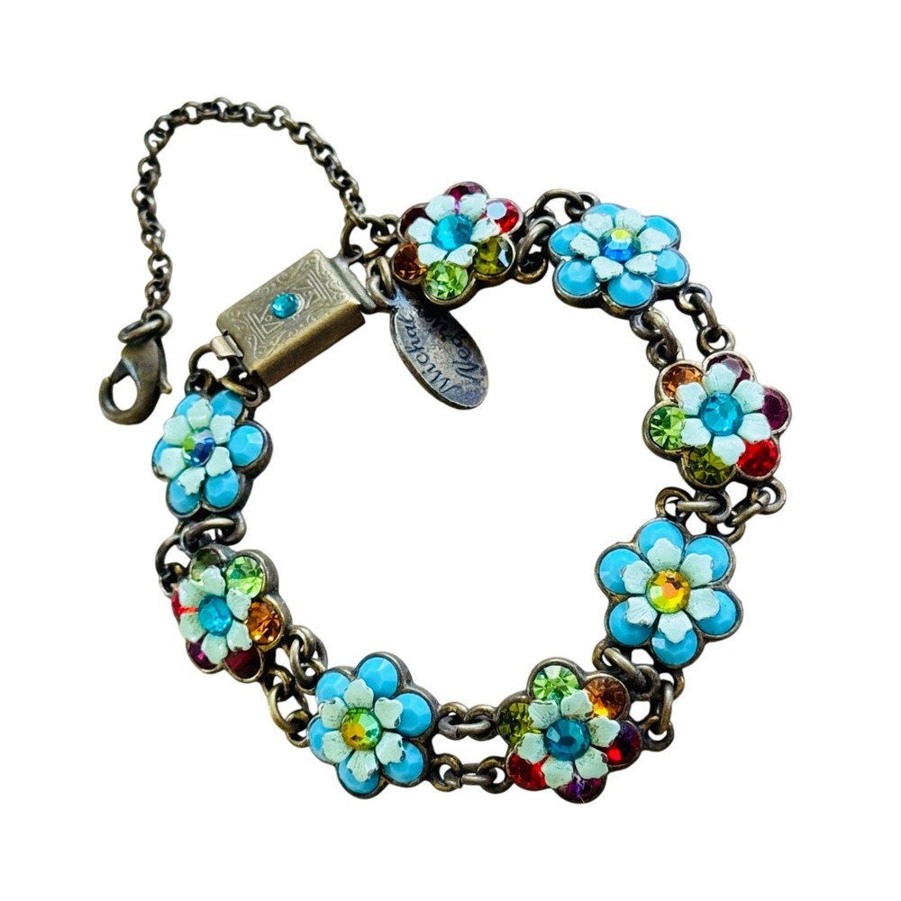 Michal Negrin Signed Flower Bracelet Colorful Rhinestone Enamel Victorian Style